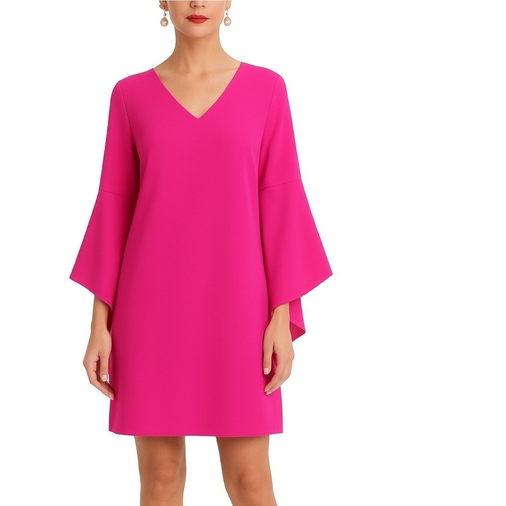 Trina Turk Nico V Neck Bell Sleeve Sheath Mini Dress Pink Size S